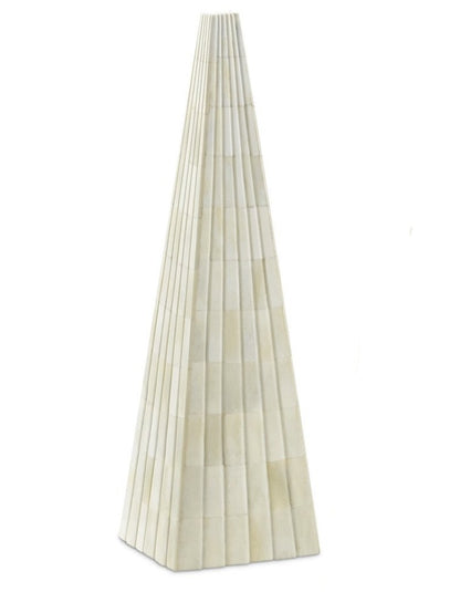 The Ossian White Obelisk Pyramid, Large, featuring a tall, white, pyramid-shaped structure with a ribbed texture and smooth edges, stands against a minimalist, plain white background.