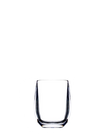 A clear, empty tumbler from the Bold Oasis Acrylic Collection, featuring modern curves and Italian-inspired charm, brings all the elegance of stemless wine glasses to a white background.