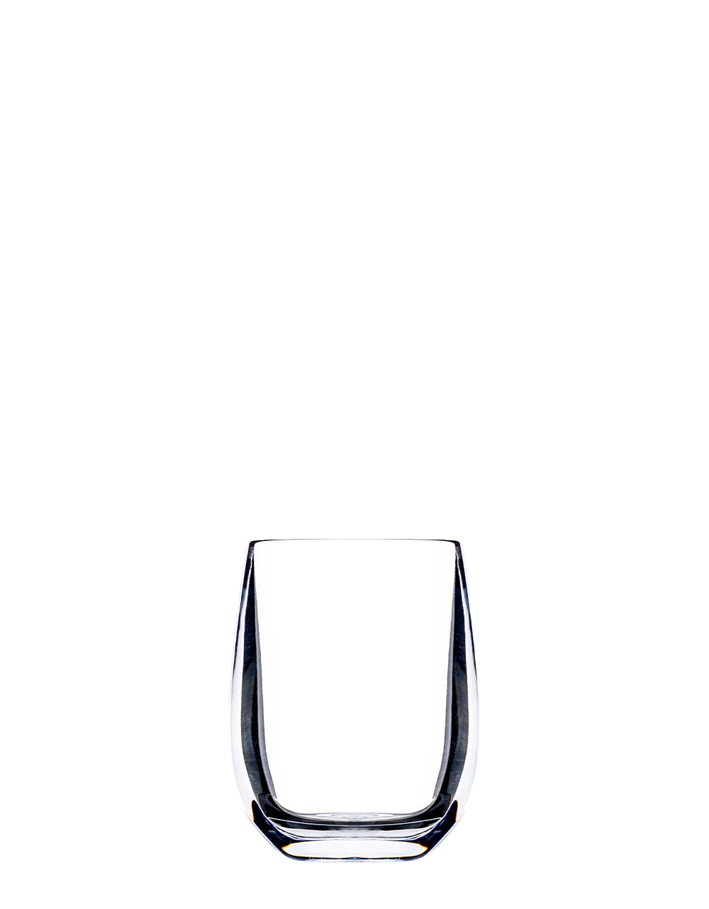 A clear, empty tumbler from the Bold Oasis Acrylic Collection, featuring modern curves and Italian-inspired charm, brings all the elegance of stemless wine glasses to a white background.