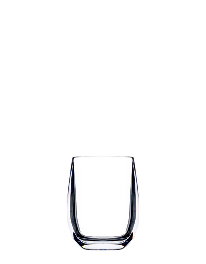 A clear, empty tumbler from the Bold Oasis Acrylic Collection, featuring modern curves and Italian-inspired charm, brings all the elegance of stemless wine glasses to a white background.