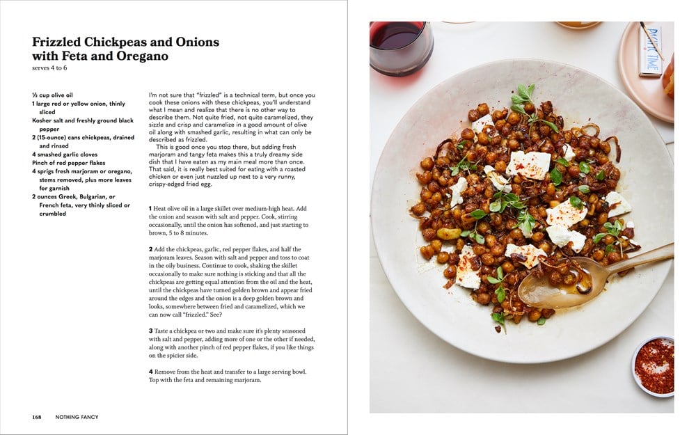 Discover an easy and delicious recipe page for Nothing Fancy: The Art of Having People Over. Embrace Alison Roman's laid-back recipes with ingredients and instructions on the left, while a mouthwatering image of the dish beside a glass of red wine sits on the right.