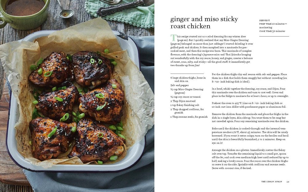 A baking dish with roasted chicken thighs garnished with green onions, accompanied by a recipe for ginger and miso sticky roast chicken from the Lemon Apron Cookbook on the right side of the image.