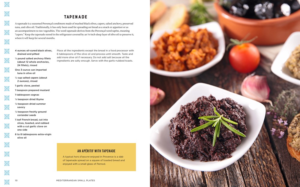 An open cookbook page showcases a Mediterranean Small Plates recipe on the left and a close-up image of the Mediterranean Small Plates garnished with herbs on the right. Ideal for Mediterranean small-plate dining, it lists ingredients and instructions, plus a note about storing this Mediterranean spread.