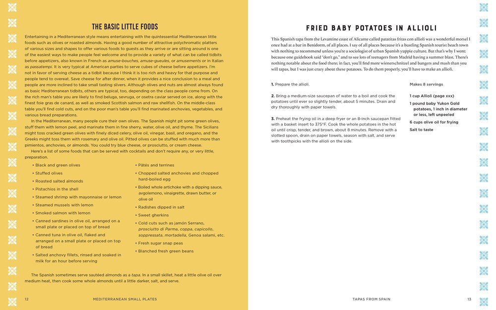 Two pages from a cookbook. The left page discusses Mediterranean small-plate dining, highlighting a variety of delicious options. The right page features a recipe for Fried Baby Potatoes in Allioli, complete with ingredients and instructions for this delightful Mediterranean Small Plates dish.