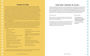 Two pages from a cookbook. The left page discusses Mediterranean small-plate dining, highlighting a variety of delicious options. The right page features a recipe for Fried Baby Potatoes in Allioli, complete with ingredients and instructions for this delightful Mediterranean Small Plates dish.