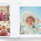 An open book displaying three photographs of a woman in different poses and outfits, including a large straw hat, set against colorful backgrounds—a nod to the style of Slim Aarons: The Essential Collection.