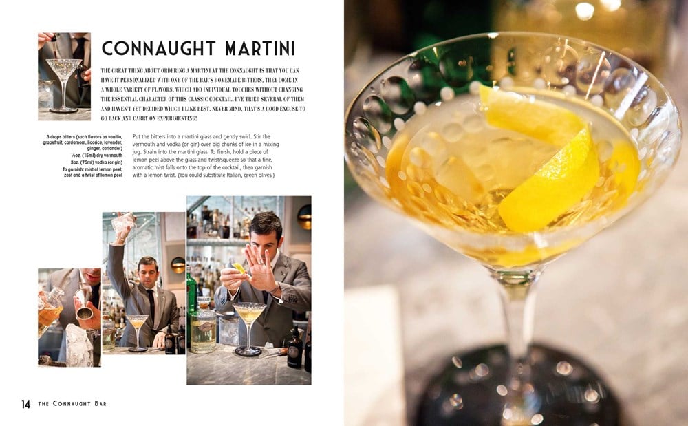 A page from "Glamorous Cocktails" showcasing the glamorous Connaught Martini recipe. It features a close-up shot of the Martini, a man preparing the drink with William Yeoward glassware, and a detailed signature recipe description.