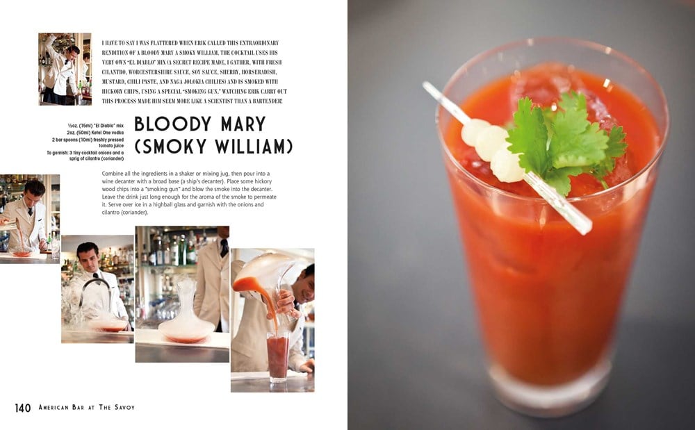 A cocktail recipe named "Glamorous Cocktails" from the book "American Bar at The Savoy," featuring an image of a bartender preparing the drink and a finished Bloody Mary garnished with cilantro. This glamorous cocktail is one of their signature recipes, perfect for any occasion.