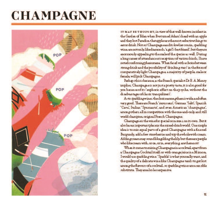 A colorful abstract illustration of champagne bottles popping with the word "CHAMPAGNE" as the title. Text below delves into champagne culture and history, seamlessly blending elements from classic cocktail recipes by seasoned mixologists, perfect for your next Vogue Cocktails: Classic Drinks from the Golden Age of Cocktails gathering.