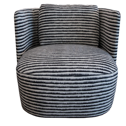 A Hudson Swivel Club Chair featuring a black and white wavy, horizontal stripe pattern, with extreme comfort from its matching cushion on the backrest and convenient swivel base.