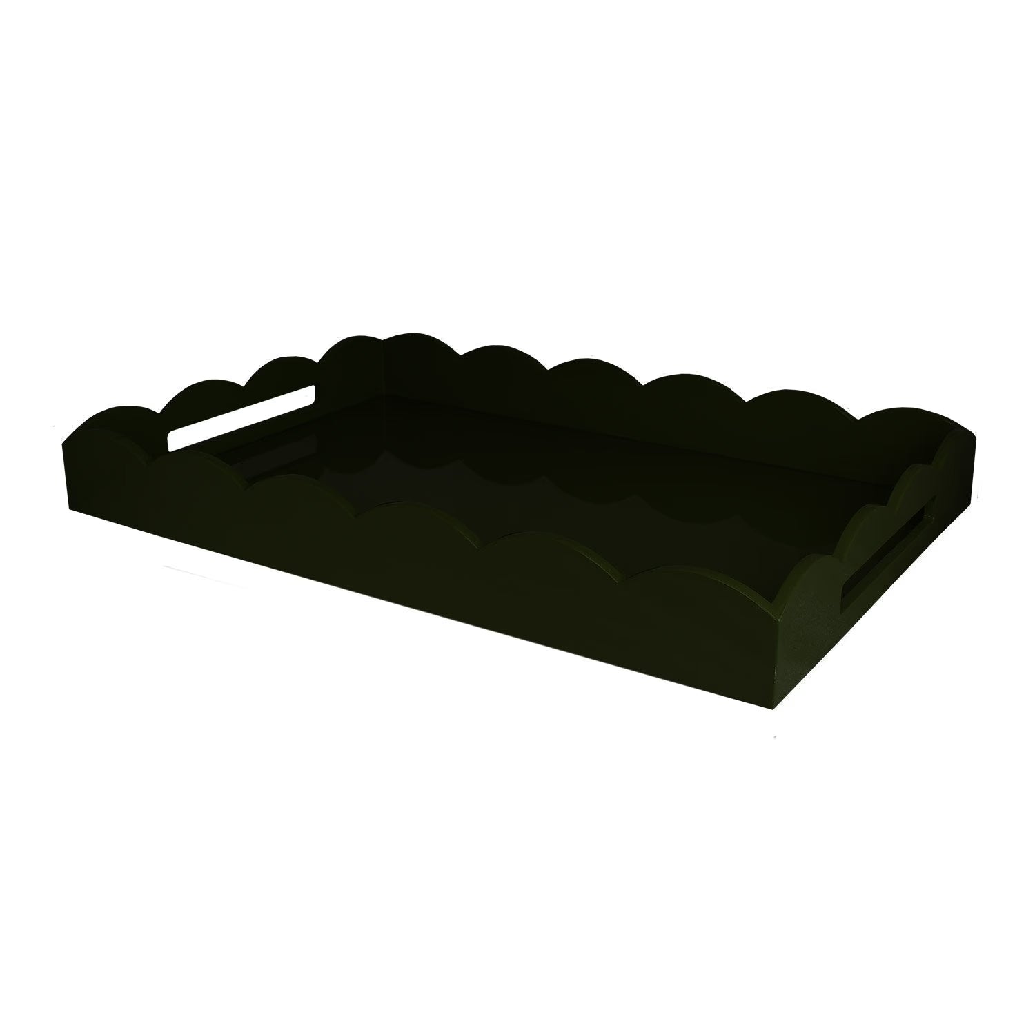 The Scalloped Lacquer Tray in Black is a rectangular tray with scalloped edges and cut-out handles on each side, perfect for serving drinks. Shown here on a white background.