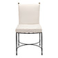 The Janus et Cie Amalfi Dining Side Chair in Slate features a white cushion on a black metal frame with straight legs, viewed from the front against a plain background, and showcases handcrafted details inspired by the Amalfi collection.
