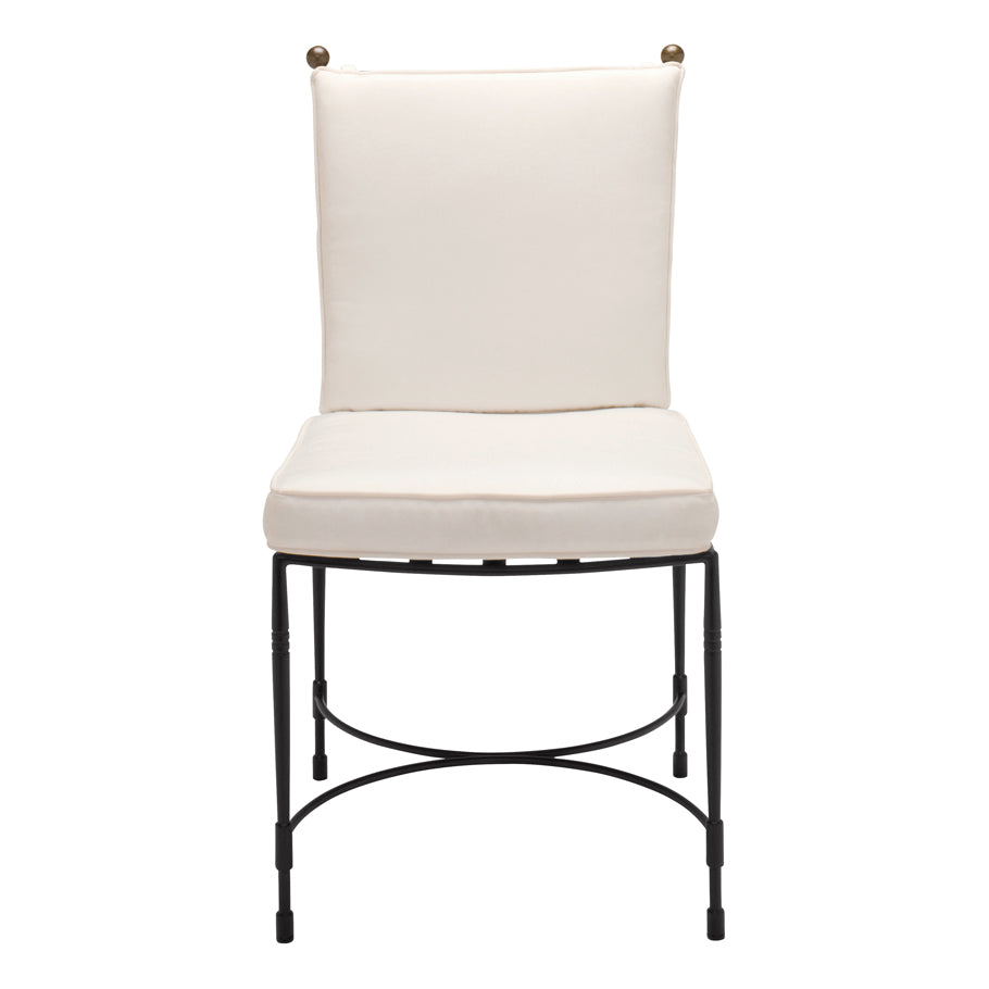 The Janus et Cie Amalfi Dining Side Chair in Slate features a white cushion on a black metal frame with straight legs, viewed from the front against a plain background, and showcases handcrafted details inspired by the Amalfi collection.