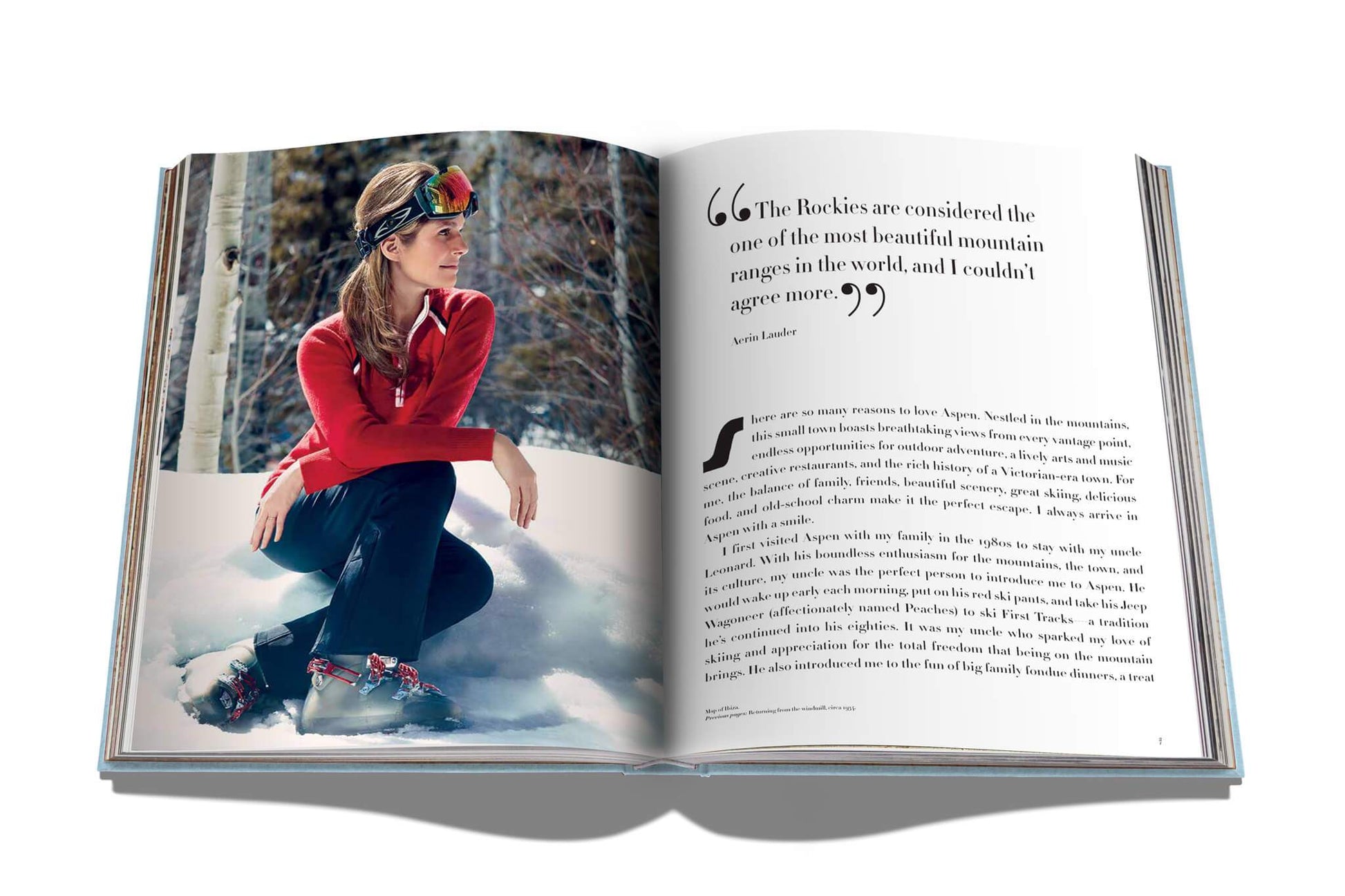 A book with a picture of a woman in the snow captured in Assouline's Aspen Style.