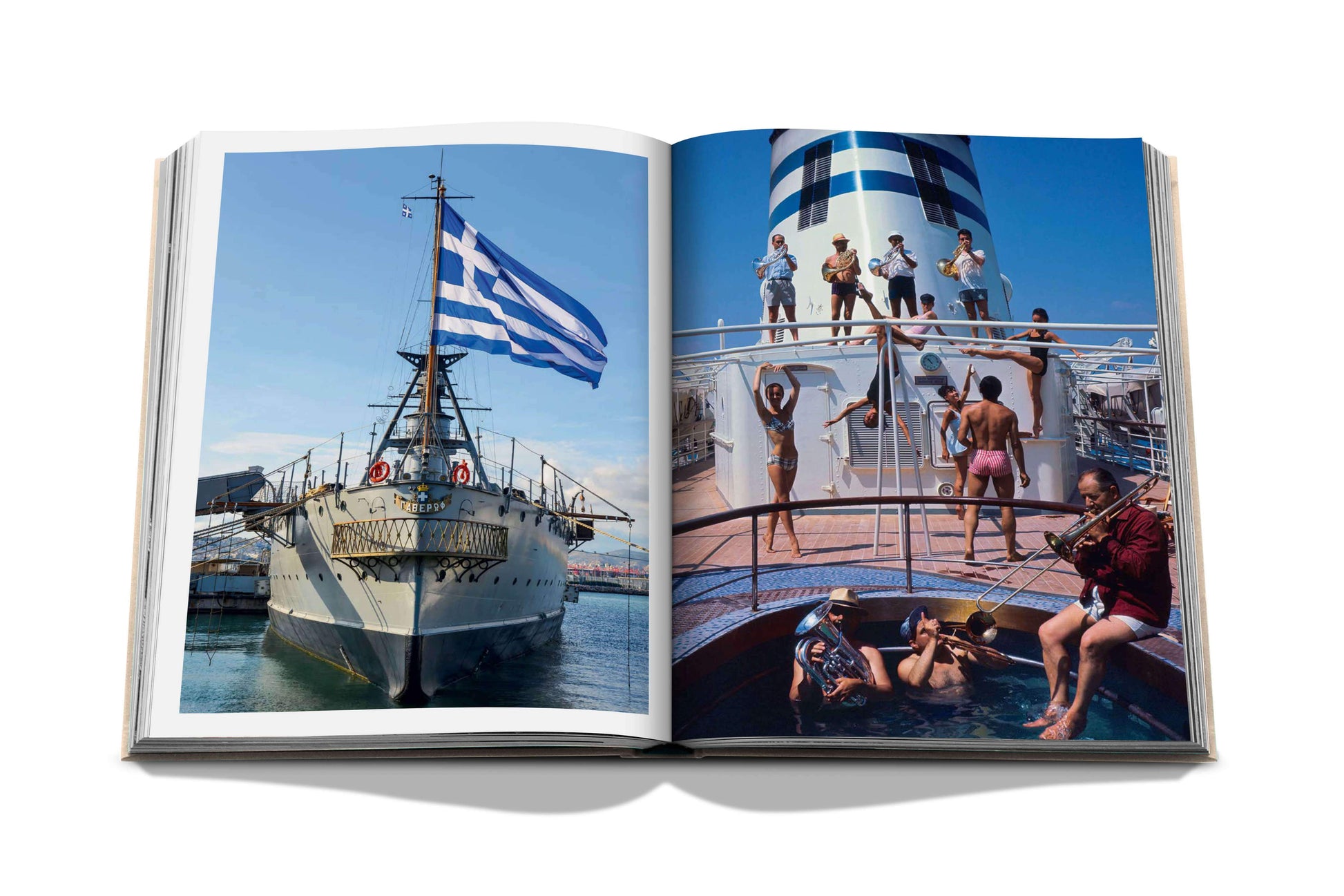 A "Athens Riviera" book by Assouline featuring pictures of people on a boat and the Greek flag, showcasing Athens' culture.