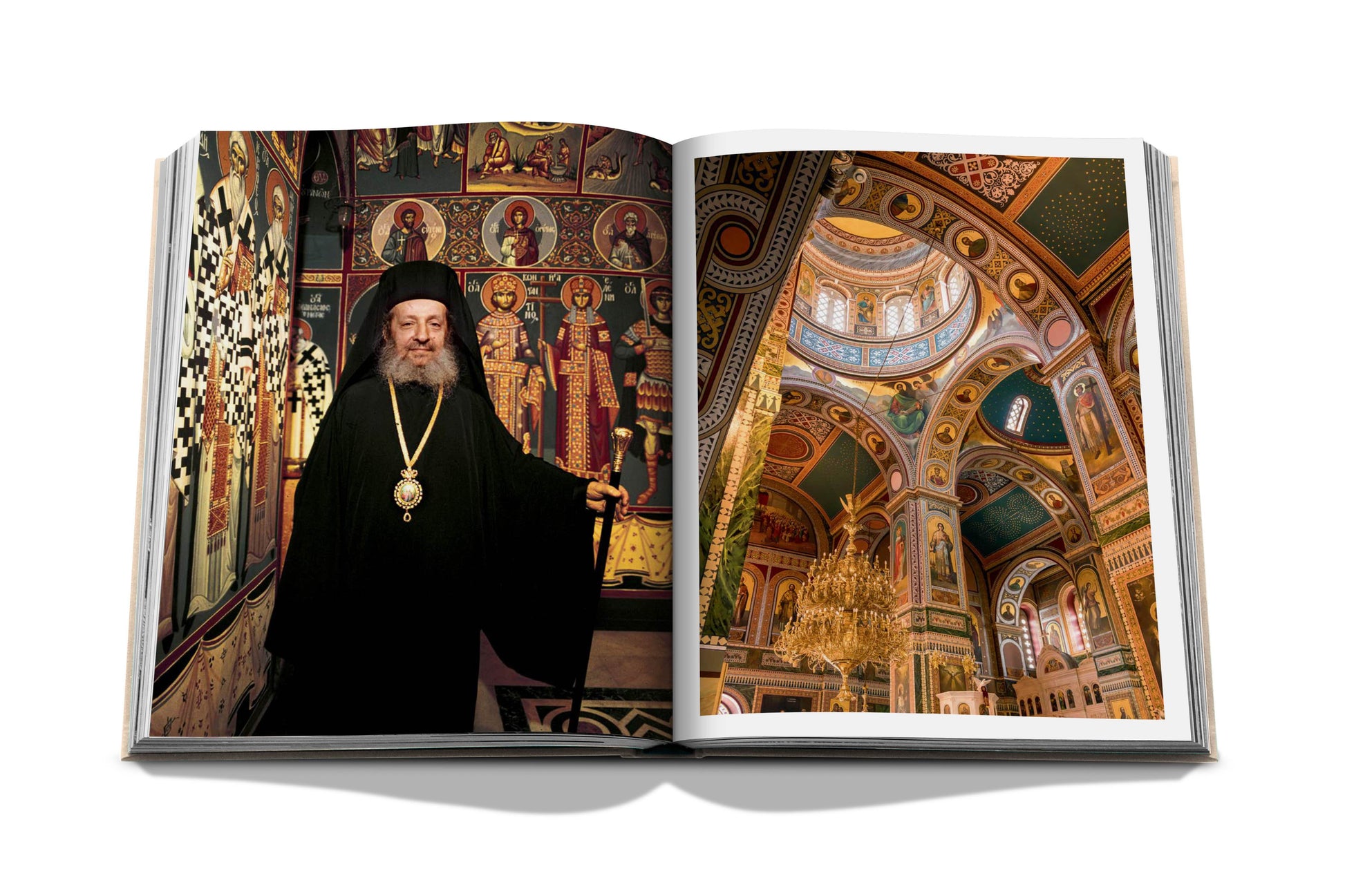 A book featuring a priest in a church, depicting the culture of Athens Riviera by Assouline.