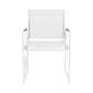 The Breeze Dining Chair in White Panama Blanco features an aluminum frame, mesh back and seat, straight armrests with light wood accents, and is shown against a plain white background.