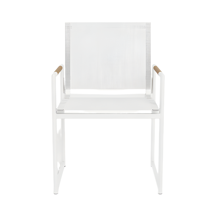The Breeze Dining Chair in White Panama Blanco features an aluminum frame, mesh back and seat, straight armrests with light wood accents, and is shown against a plain white background.