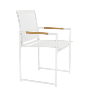 The Breeze Dining Chair in White Panama Blanco features a modern white design with all-weather Batyline sling, aluminum legs, and wooden armrest accents, shown against a plain white background.