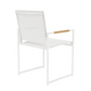 The Breeze Dining Chair in White Panama Blanco features durable aluminum, a mesh back and seat, and a stylish wooden accent on the right armrest, shown from the back right angle.