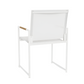The Breeze Dining Chair in White Panama Blanco showcases durable aluminum, a mesh backrest, and wooden armrest accents in a minimalist design, presented from the back.