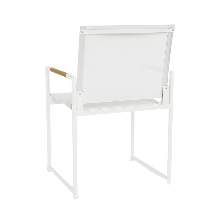 The Breeze Dining Chair in White Panama Blanco showcases durable aluminum, a mesh backrest, and wooden armrest accents in a minimalist design, presented from the back.
