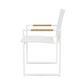 Side view of the Breeze Dining Chair in White Panama Blanco, featuring aluminum construction, a flat seat and back with all-weather Batyline sling, and wooden armrest accents.