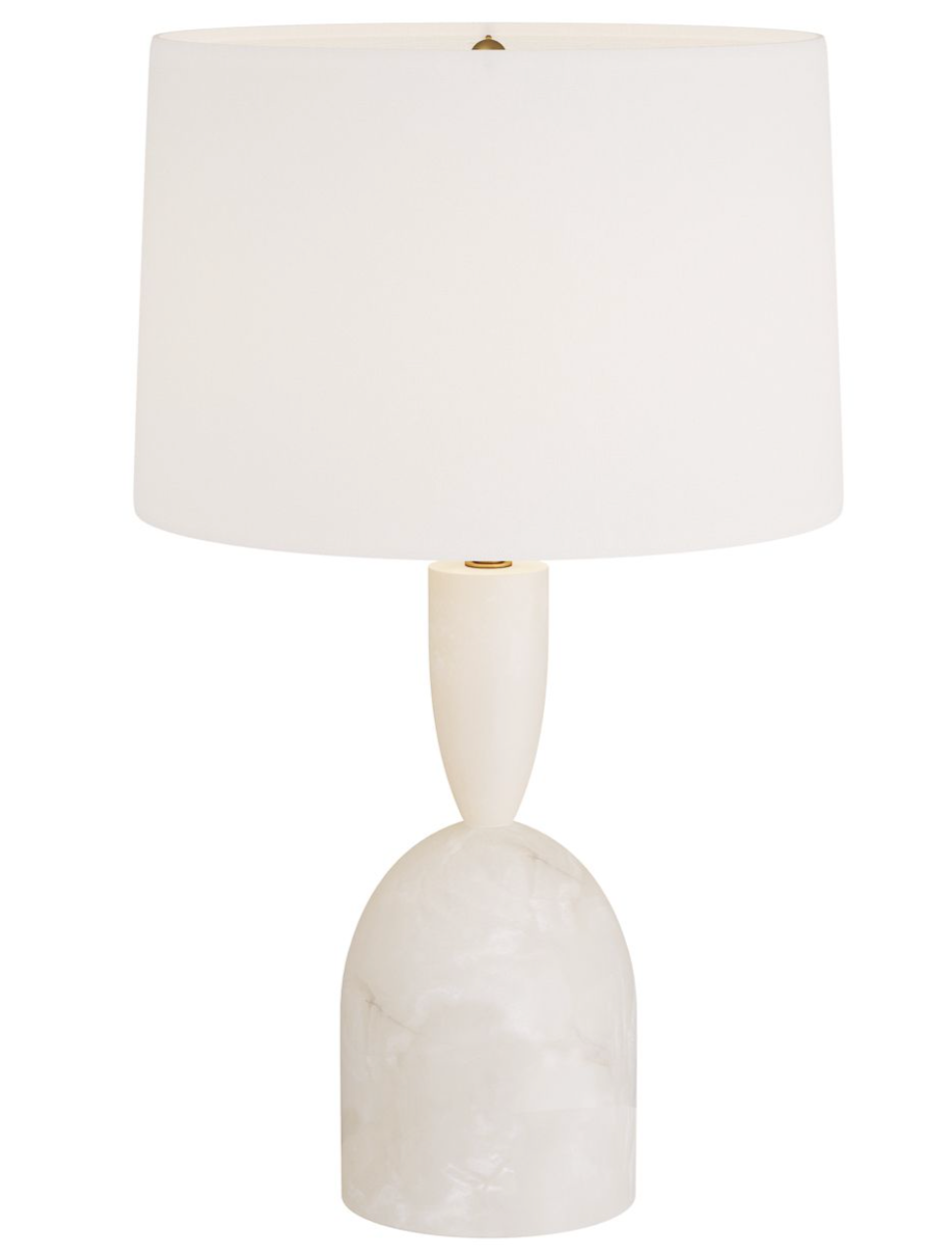 The Brighton Lamp is a white table lamp that features a cylindrical base, a smooth curved neck, and a round off-white lampshade. It comes with an antique brass finish and offers the convenience of a three-way rotary switch.