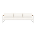 The Breeze XL Sofa in White Panama Blanco features three seats, teak accents, a metal frame, and modern armrests, displayed from the front against a plain white background.