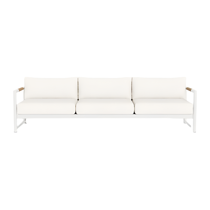 The Breeze XL Sofa in White Panama Blanco features three seats, teak accents, a metal frame, and modern armrests, displayed from the front against a plain white background.