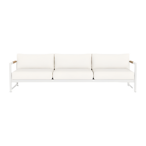 The Breeze XL Sofa in White Panama Blanco features three seats, teak accents, a metal frame, and modern armrests, displayed from the front against a plain white background.