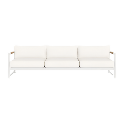 The Breeze XL Sofa in White Panama Blanco features three seats, teak accents, a metal frame, and modern armrests, displayed from the front against a plain white background.