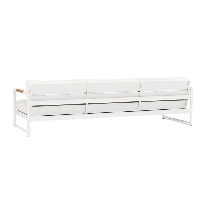 The Breeze XL Sofa in White Panama Blanco is a modern three-seater with a metal frame, white cushions, and sleek teak accents, shown from the back against a plain white background.