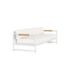 The Breeze XL 3 Seat Sofa features a modern design with white cushions, a metal frame, and teak accent armrests, shown against a plain white background.
