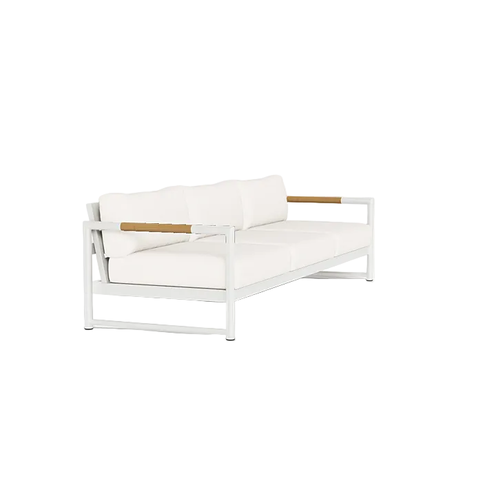 The Breeze XL 3 Seat Sofa features a modern design with white cushions, a metal frame, and teak accent armrests, shown against a plain white background.