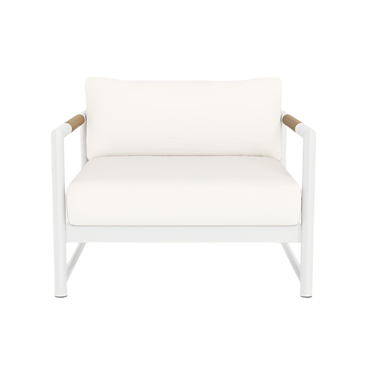 The Breeze XL Lounge Chair in White Panama Blanco features a modern white design with teak-accented armrests, a cushioned seat and backrest, and is shown from the front against a plain white background.