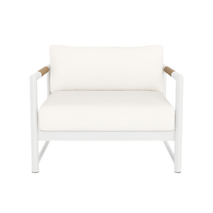 The Breeze XL Lounge Chair in White Panama Blanco features a modern white design with teak-accented armrests, a cushioned seat and backrest, and is shown from the front against a plain white background.