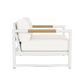 The Breeze XL Lounge Chair features a white aluminum frame, light teak armrest accents, and cushioned white seat and backrest, shown from the side.