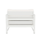 A rear view of the Breeze XL Lounge Chair, featuring a white finish with an aluminum frame and cushioned seat and backrest, set against a plain white background.