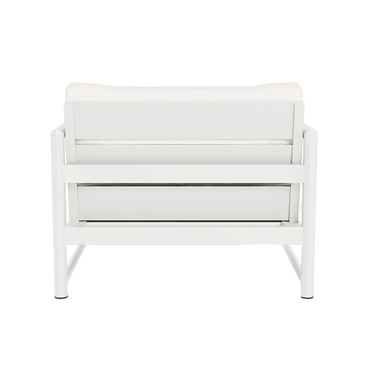 A rear view of the Breeze XL Lounge Chair, featuring a white finish with an aluminum frame and cushioned seat and backrest, set against a plain white background.