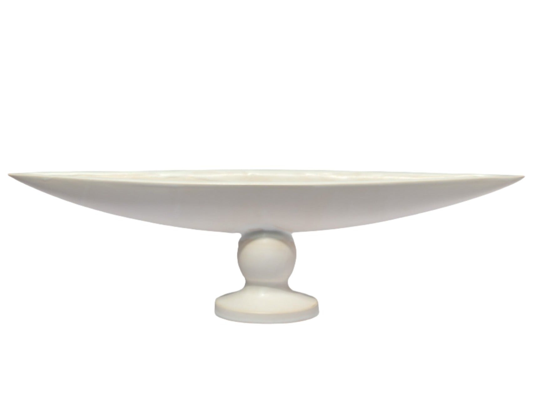 A contemporary milky matte white, shallow, oval-shaped pedestal bowl with a round base Jean Roger Paris Giacometti Bowl.