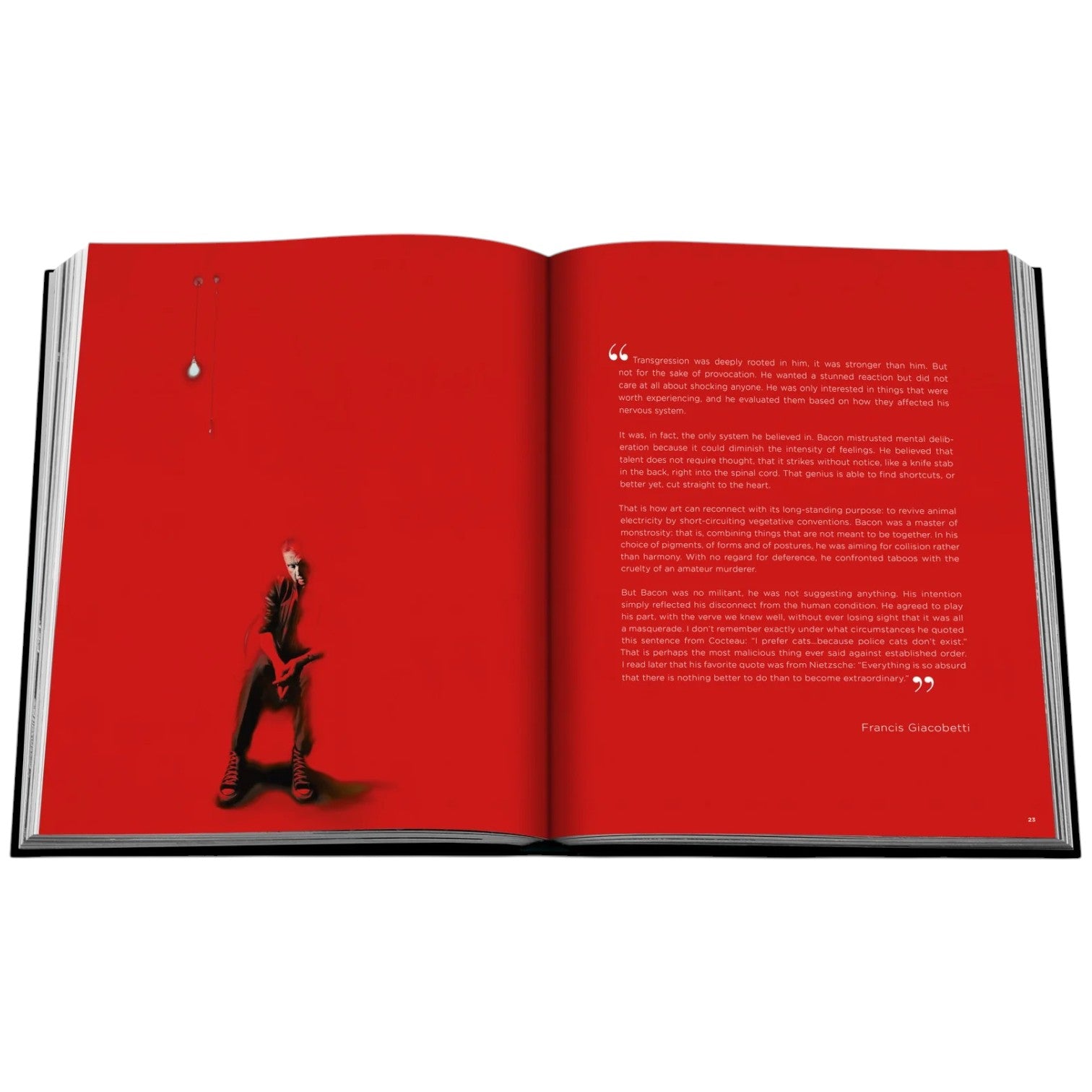 An open book titled "Francis Bacon" displays a red two-page spread, with a seated figure on the left and bold white text on the right, echoing Bacon’s signature style.