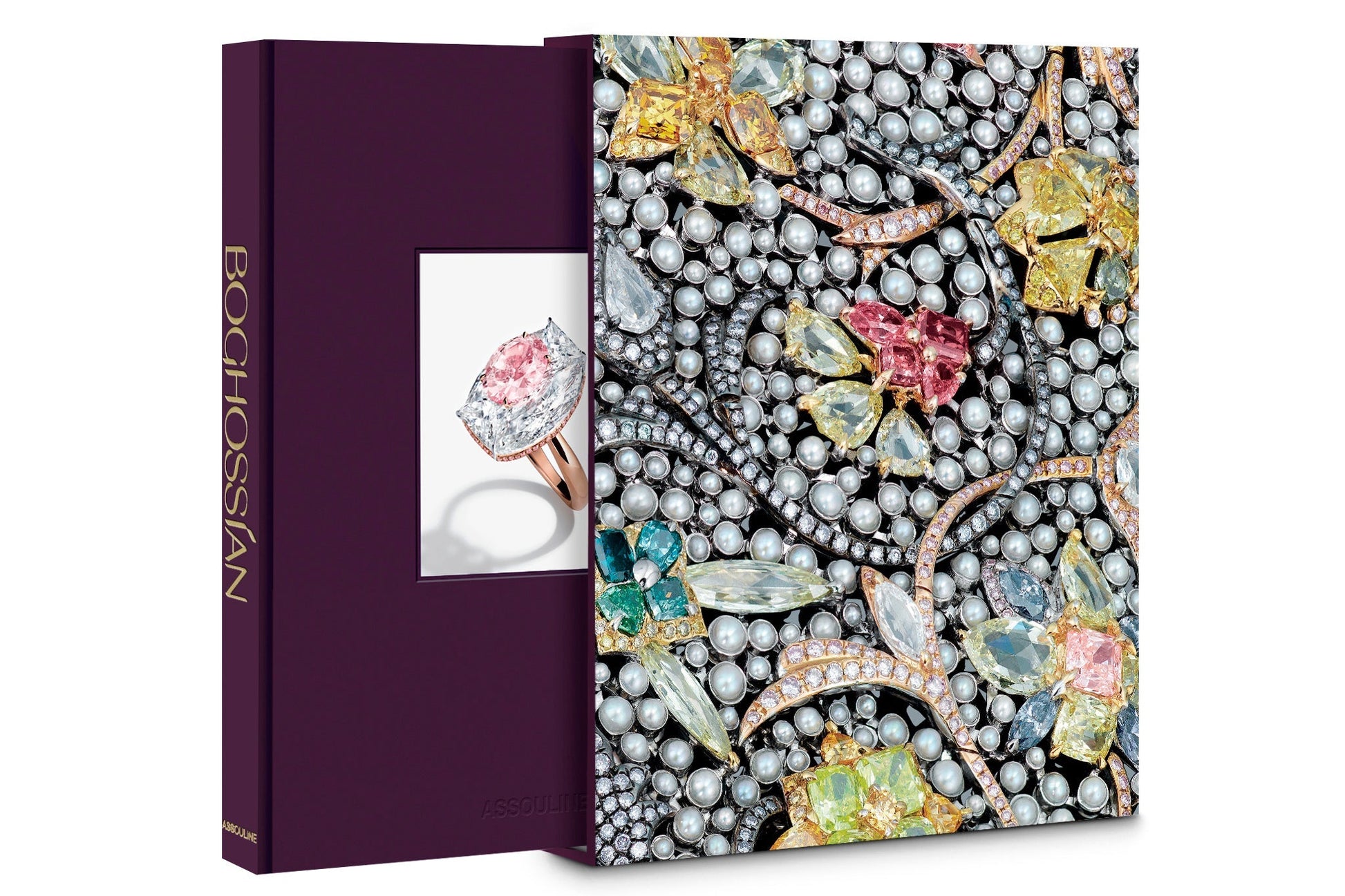 A close-up photo of a detailed jewelry design book cover featuring various precious stones and pearls, with another book titled "Boghossian: Expertise, Craftsmanship, Innovation" showcasing the work of master jewelers beside it.