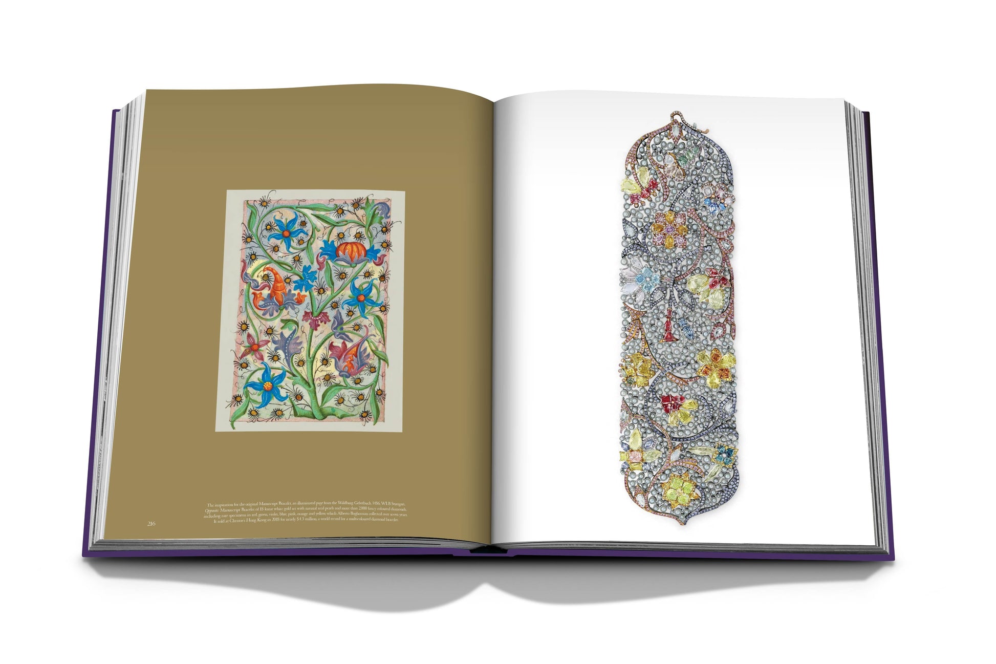 An open book displaying two pages with colorful floral and intricate patterns on both, one rectangular on the left and one elongated on the right, reminiscent of the exquisite craftsmanship of master jewelers like Boghossian: Expertise, Craftsmanship, Innovation adorning their creations with vibrant gemstones.