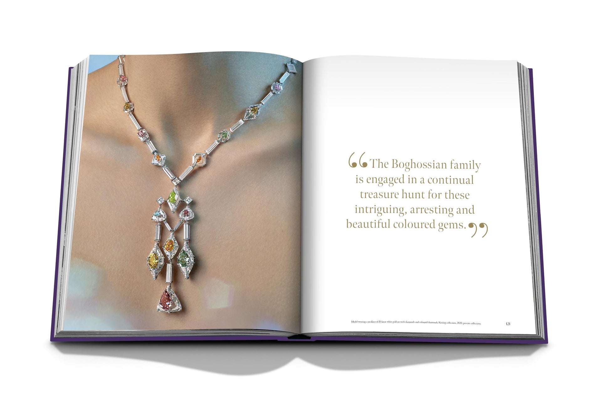 An open book showing a close-up photo of a colorful gemstone necklace on the left page, and a quote about the Boghossian family's gem search as master jewelers on the right page. This is from the product "Boghossian: Expertise, Craftsmanship, Innovation.