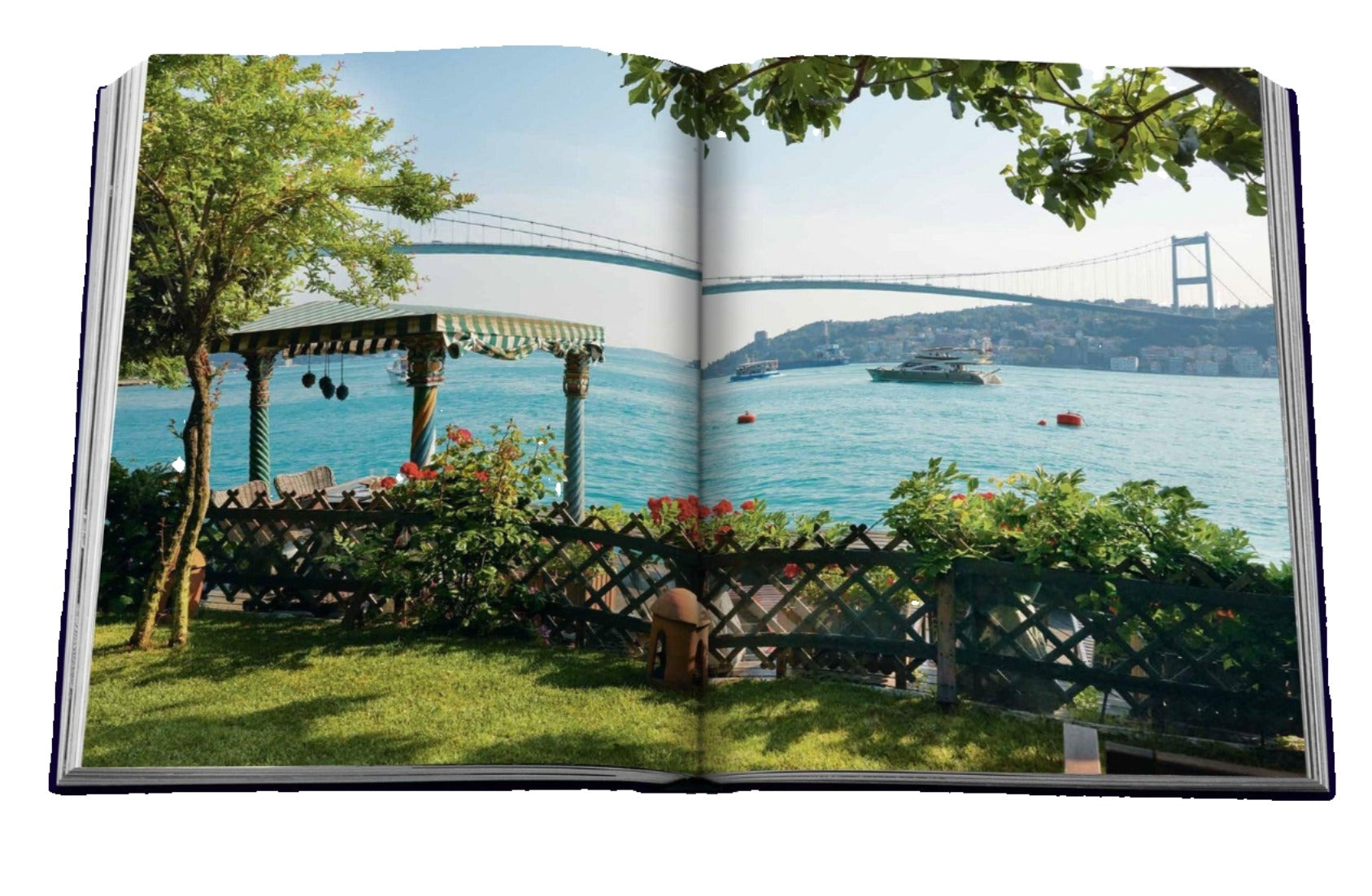 Open Bosphorus Private with a photograph of a garden overlooking the Bosphorus Strait and a bridge in the background. The garden has trees, flowers, and a shaded seating area, capturing the rich culture of the area.