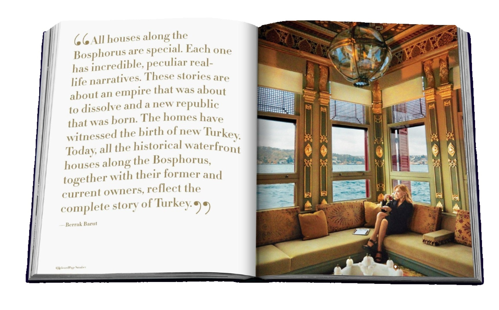 An open book unveils a page with text about the rich culture and unique architecture of Bosphorus Private, while an opposite page features an image of a person relaxing on a cushioned seat by a large window overlooking the water.