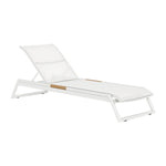 The Breeze Stacking Sun Lounge features a white aluminum frame, minimalist design, mesh seat, angled backrest, and small teak accents for stylish outdoor comfort.