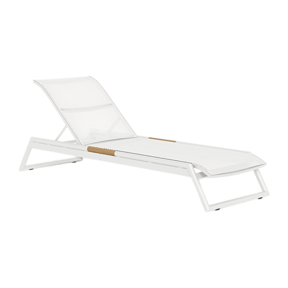 The Breeze Stacking Sun Lounge features a white aluminum frame, minimalist design, mesh seat, angled backrest, and small teak accents for stylish outdoor comfort.