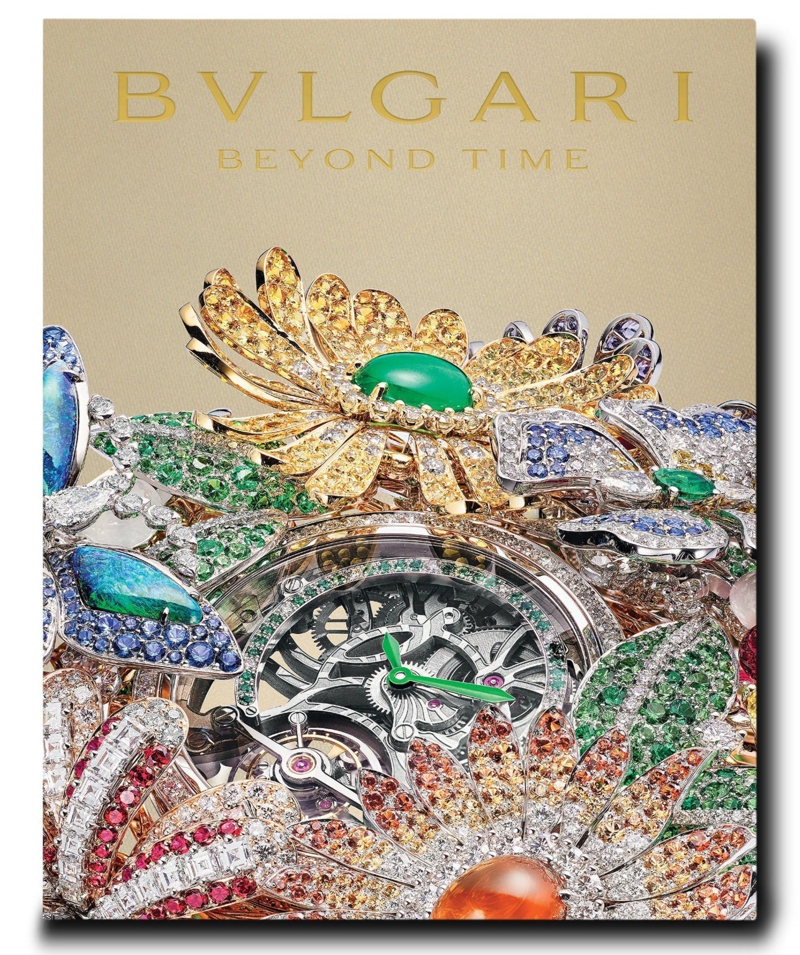 A luxurious Bulgari Beyond Time advertisement features a jeweled timepiece surrounded by vibrant, intricately designed floral and butterfly motifs from their high-jewelry collections. The headline reads "BVLGARI BEYOND TIME.